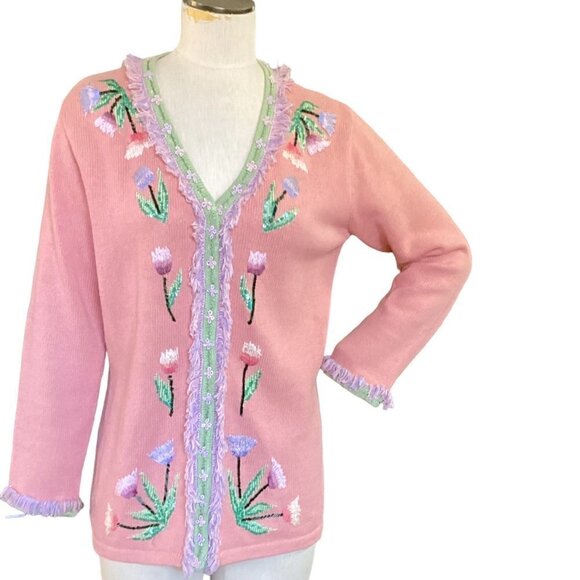 Storybook Knits Tulip Romance Cardigan Fringed Beaded Embroidered Sequins M 145L - Picture 1 of 9